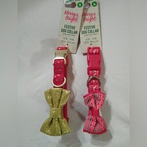 2 Merry & Bright Festive Dog Collars: Gold Dot Bow and Fairilse (S)